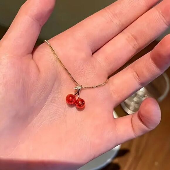 Chic 3pcs Set Cherry Pendant Necklace & Earrings - Picture 12 of 13